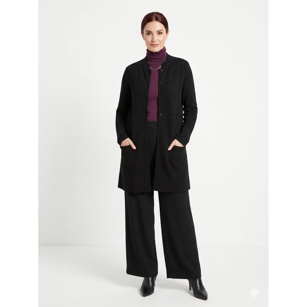 Eileen Fisher Silk Cotton Knit Cardigan Black Large Quiet Luxury Minimalist